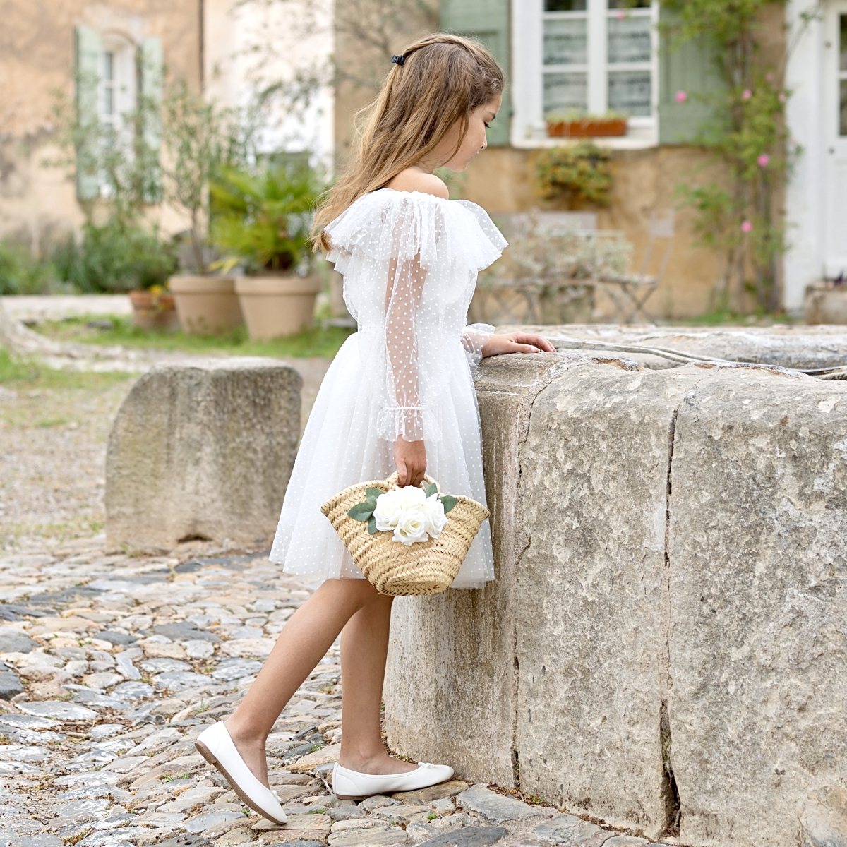Robes cortège enfant ivoire col rond manches courtes Robe de fille de