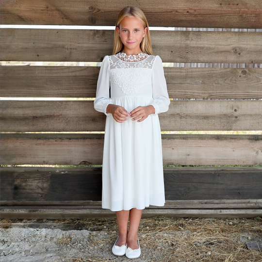 Robe longue blanche de communion pour fille en mousseline avec dentelle florale et manches longues