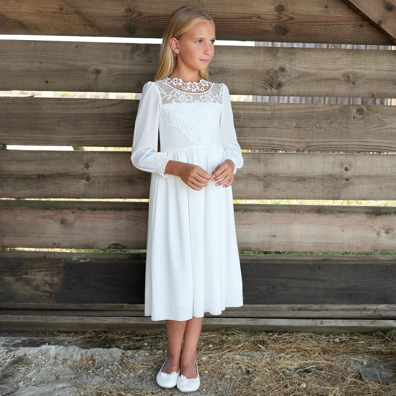 Robe baptême fille blanche longue, robe baptême cérémonie fille, robe mousseline blanche manches longues