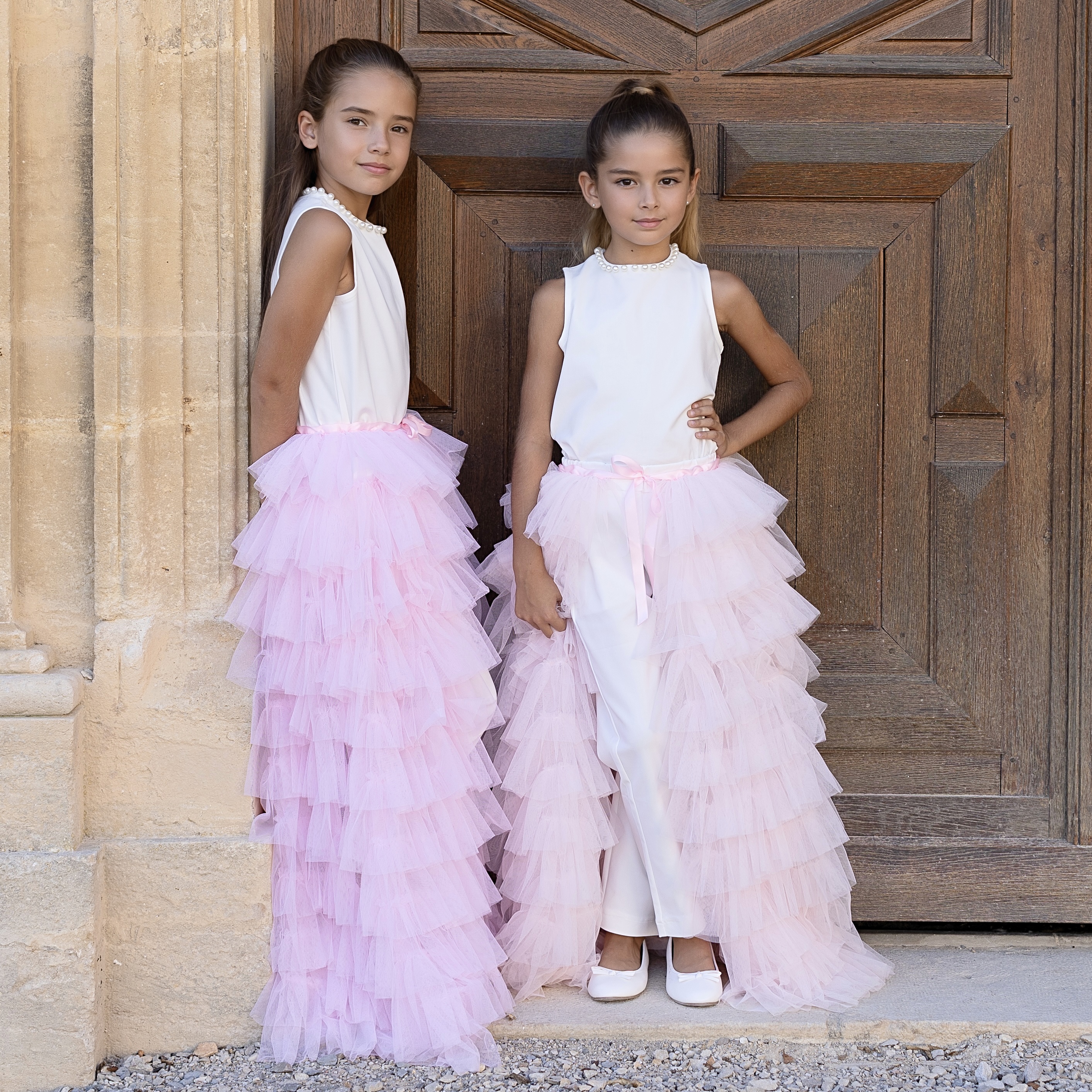 jupe longue en rose et rose poudré